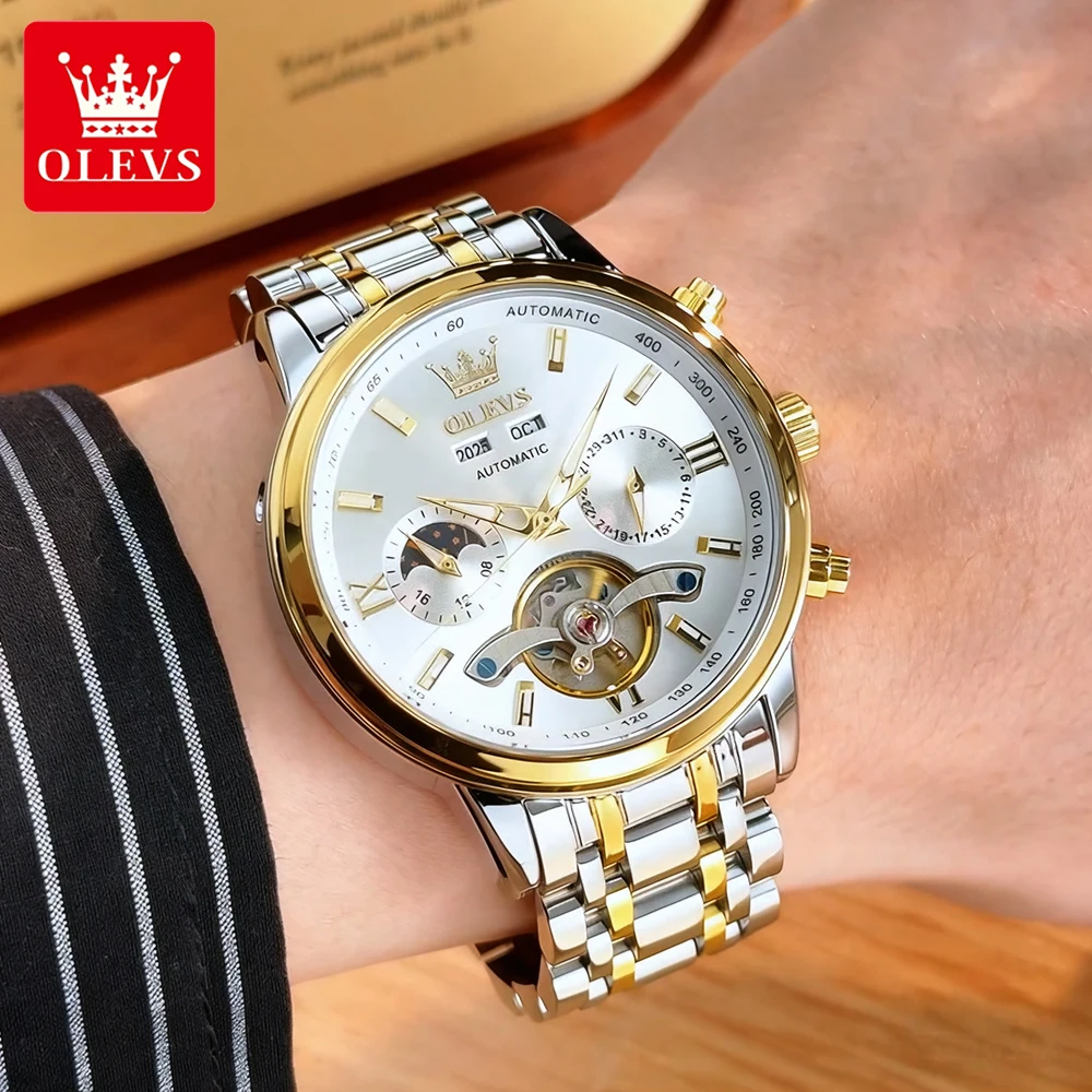 ساعات رجال الأعمال OLEVS من الفولاذ المقاوم للصدأ موضة أصلية ساعة يد ميكانيكية أوتوماتيكية مقاومة للماء تقويم مرحلة القمر جديد
