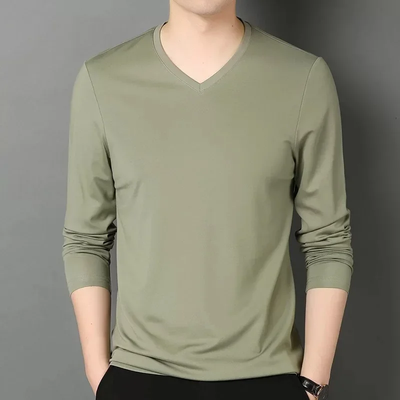 2024 Long Sleeve Men's Spring Autumn Thin Slim Fit Casual V-neck Pullover T-shirt Inner Top Base Layer Clothing