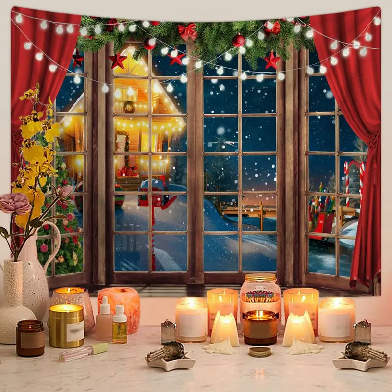 VIKAMA Winter Christmas Window Scene Wall Tapestry Snowy Pine Tree Wreath Aesthetic Room Decor for Bedroom Photo Backdrop