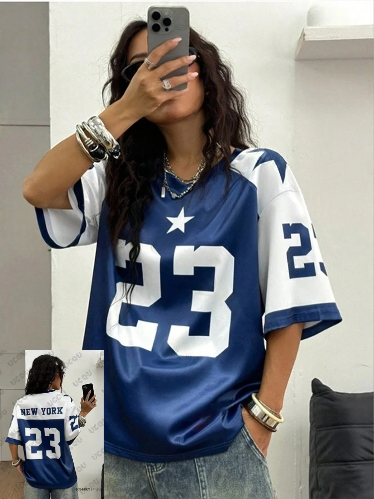 New Summer Blue New York 23 Print Women T-Shirt V-Neck Patchwork Short Sleeve Sports Football Jersey Y2K Loose Oversized Tops