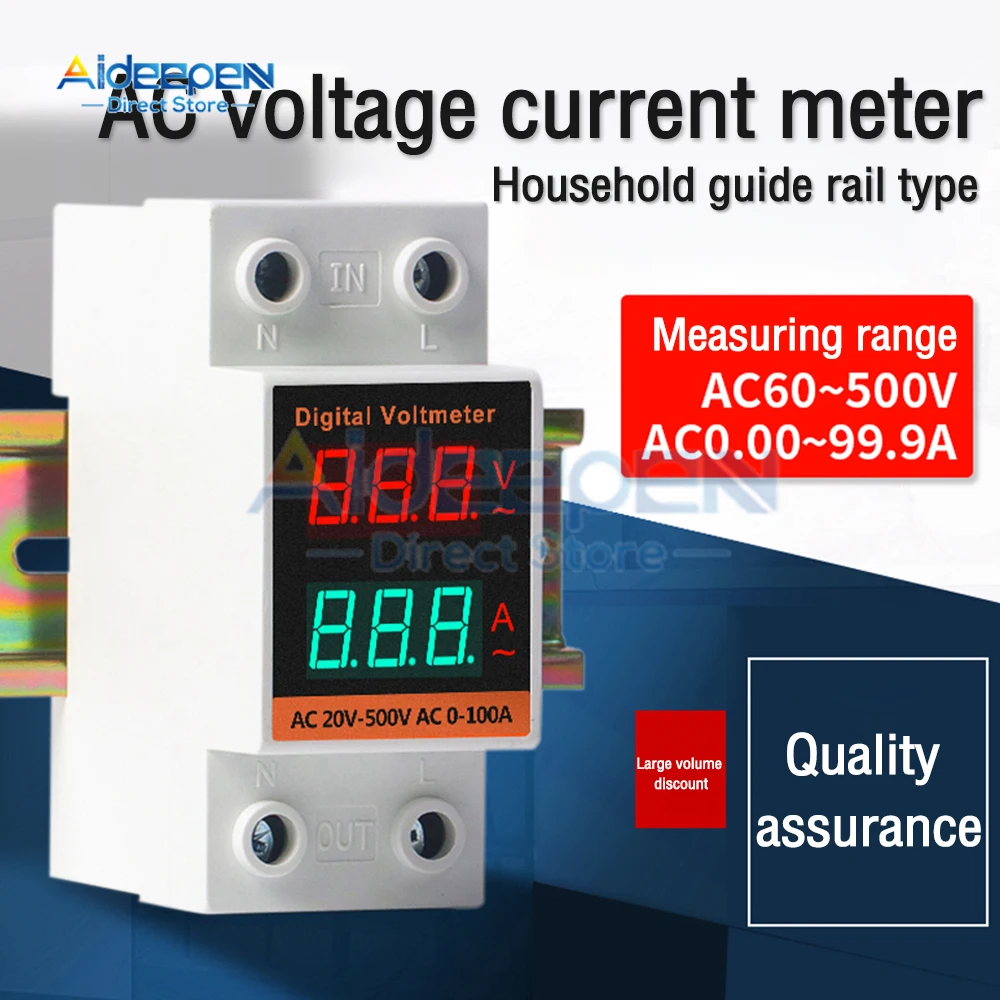 AC 60-500V 0.00-99.9A 35mm Din Rail Voltmeter Ammeter 2 in 1 Multi-function AC Voltmeter Voltage Amps Meter With Transformer