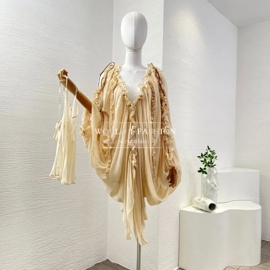 

2025 New Fashion Women Beige Ruffles Batwing Sleeve V Neck Pleat Backless Mini Dress