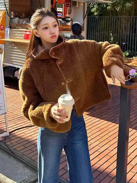 Retro hong kong sle chique dupla face usar pele ecológica couro ort jaet feminino inverno casaco de pele de cordeiro