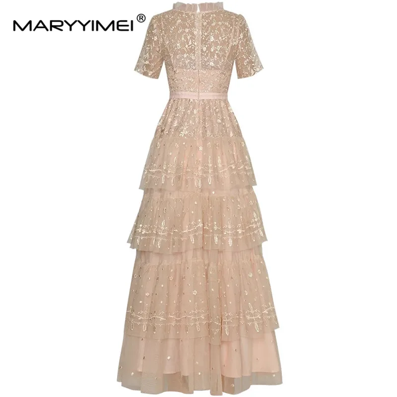 MARYYIMEI Fashion Summer Women dress V-neck Short sleeved Mesh Gold thread embroidery Tiered ruffles Elegant Party Cake Dresses