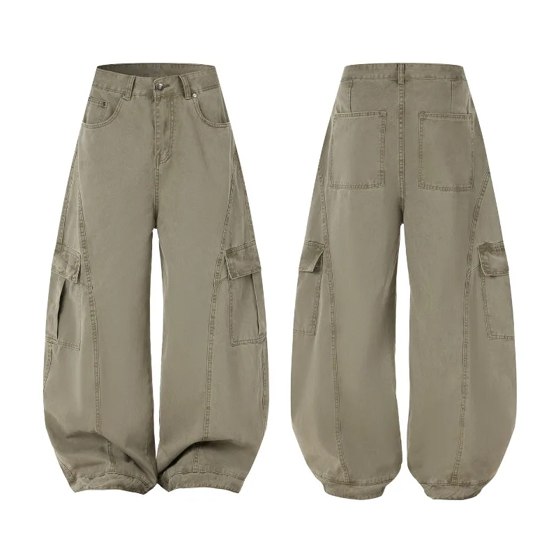 

High Street Men's Cargo Pants Contrast Color Line Design Side Pockets Trousers Wide Leg Loose Male Bottom Fashion