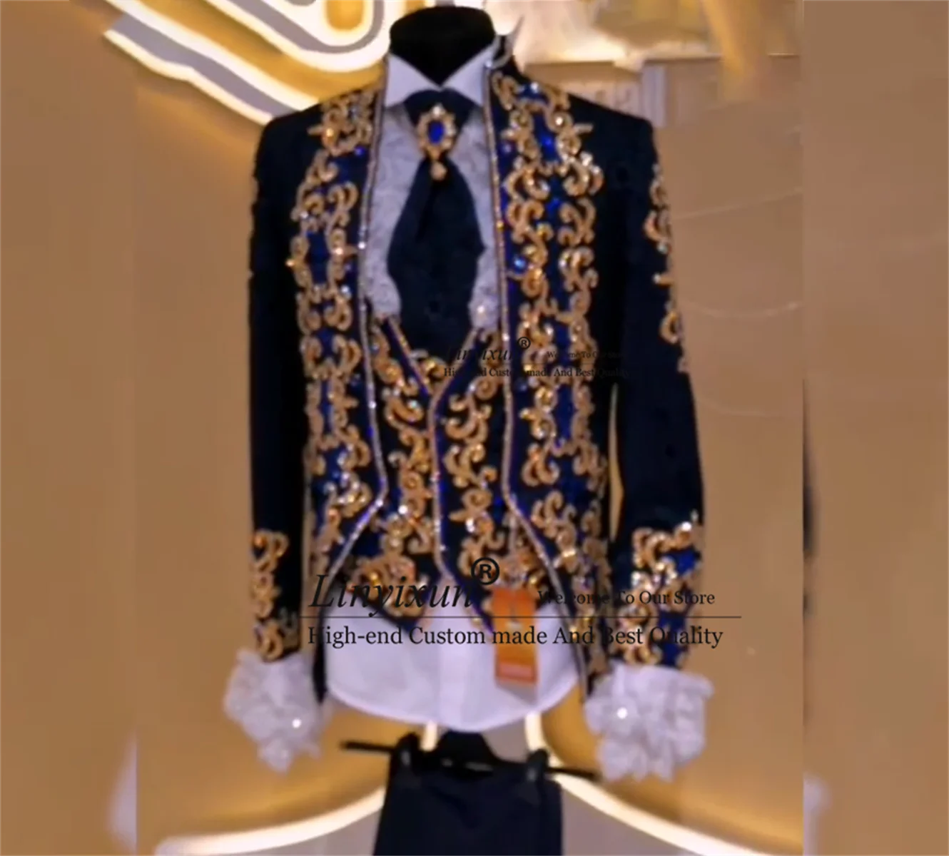 Shiny Beaded Gem Crystals Tuxedos Men Suits 3 Pieces Sets Wedding Groom Tuxedos Male Party Prom Blazers Slim Fit Costume Homme