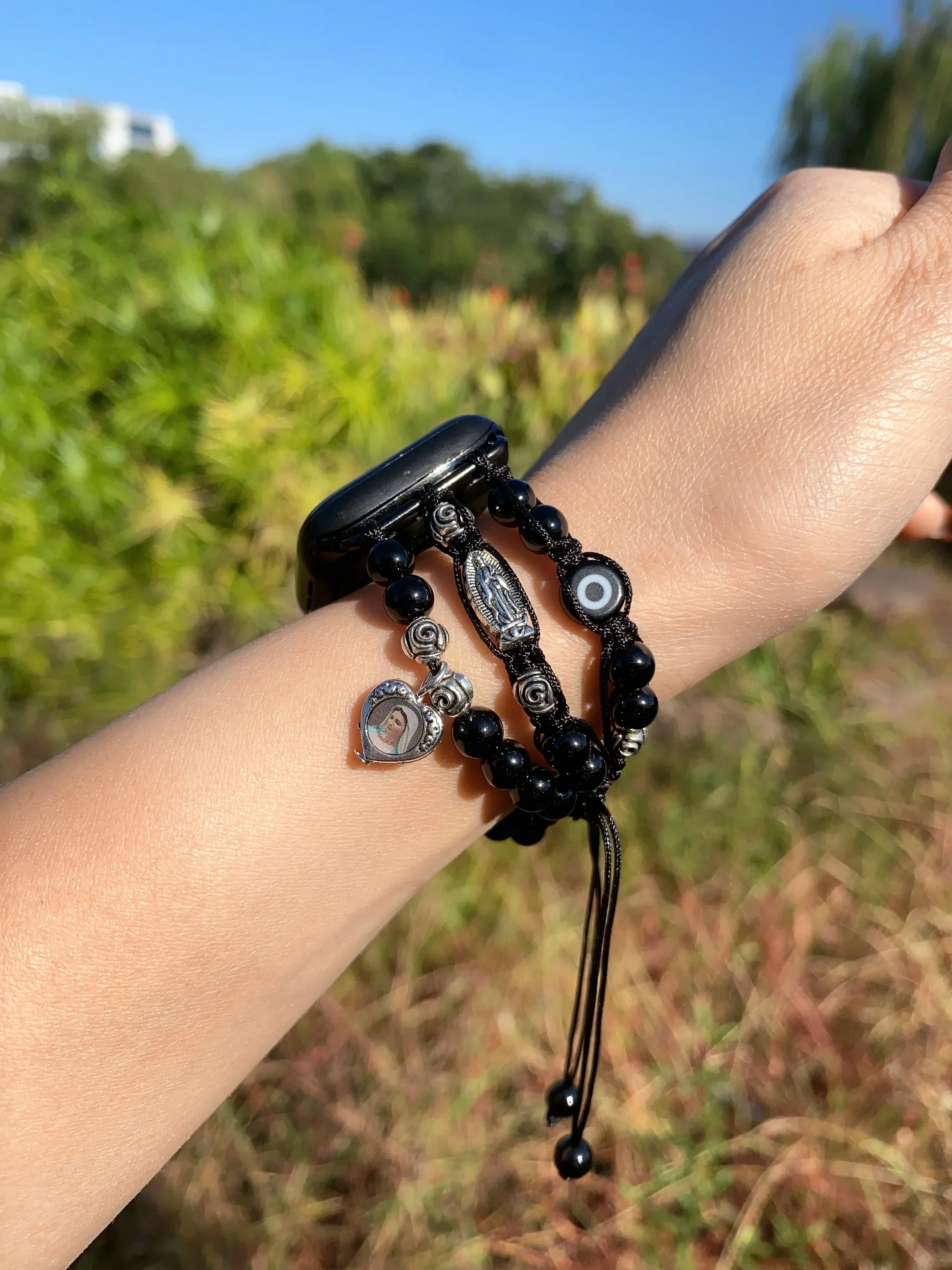 Evil Eye Black Agate Virgin Mary Beaded Apple Watch Band 38mm 40mm 41mm 42mm 44mm 45mm Apple Watch Strap Women Iwatch Armband