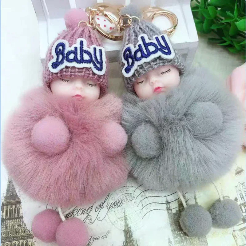 かわいい漫画の寝ている人形キーホルダー、ファーボールぬいぐるみキーホルダー、キーリング、女性用ハンドバッグ、車のキーホルダー、バッグペンダント、おもちゃ、子供へのプレゼント