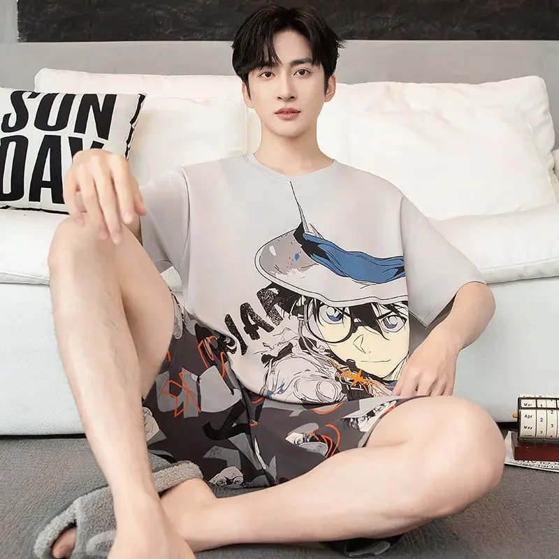 Ein Stück Anime Sommer männer Reine Baumwolle Shorts Hülse Shorts Cartoon Luffy Zoro Conan Naruto Große Größe Pyjama Set Großhandel