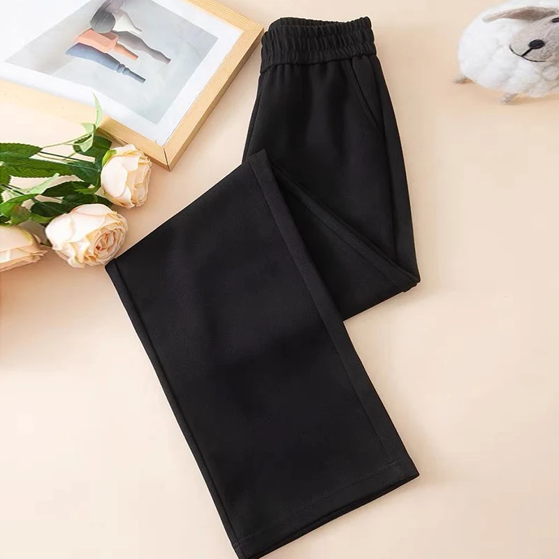 Women's Silk Pants Lady Summer Loose Commuting Straight Leg Pants High Waist Trousers Thin Knitwear Solid Color Bottoming Pant