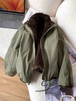 Women 2 Sides Wear Military Green Short Parka Coat Winter Thick Cargo Jacket Warm