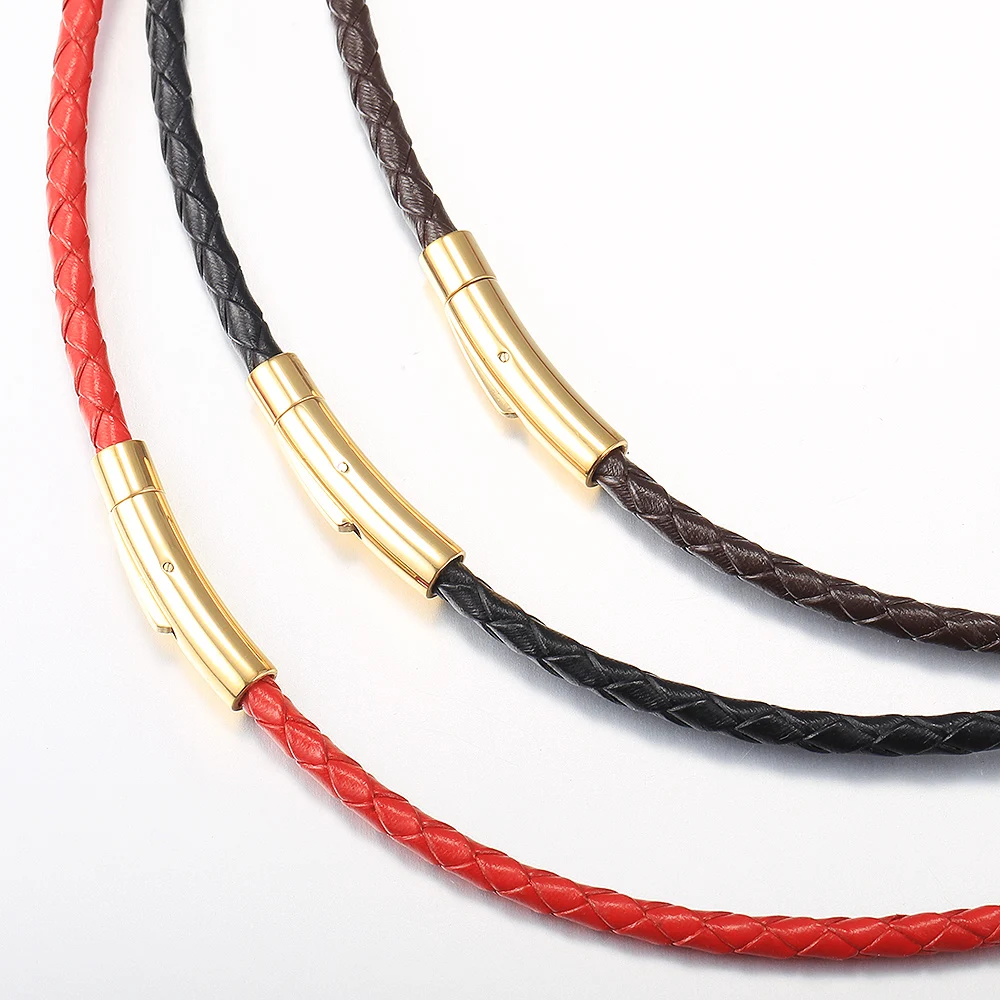 4mm/6mm Man-made Leather Necklace Choker For Men Boys Red Black Brown Braided Rope Chain Male Push Clasp Jewelry Gifts UN149