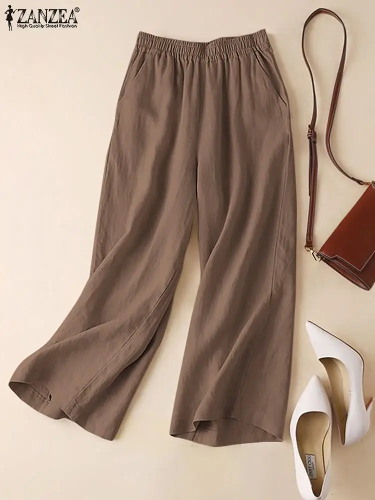 2024 Zanzea Frauen Herbst Baumwolle weites Bein Hosen Sommer Mode solide lässige lange Hosen elastische Taille Palazzo lose Pantalon