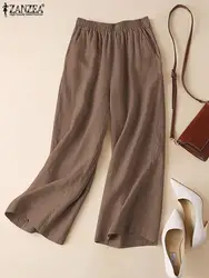 2024 ZANZEA Women Autumn Cotton Wide Leg Pants Summer Fashion Solid Casual Long Trousers Elastic Waist Palazzo Loose Pantalon