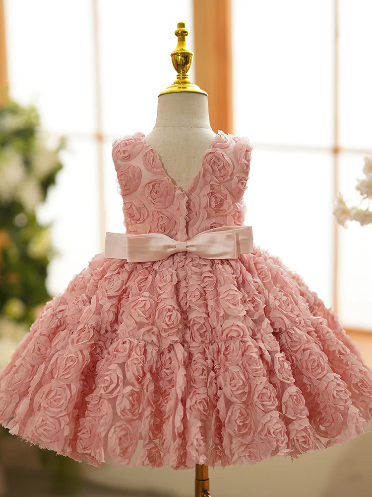 Vestido de princesa sem mangas para bebês, doces vestidos encantadores, flor rosa, vestido formal para aniversário, 1 a 6 anos de idade