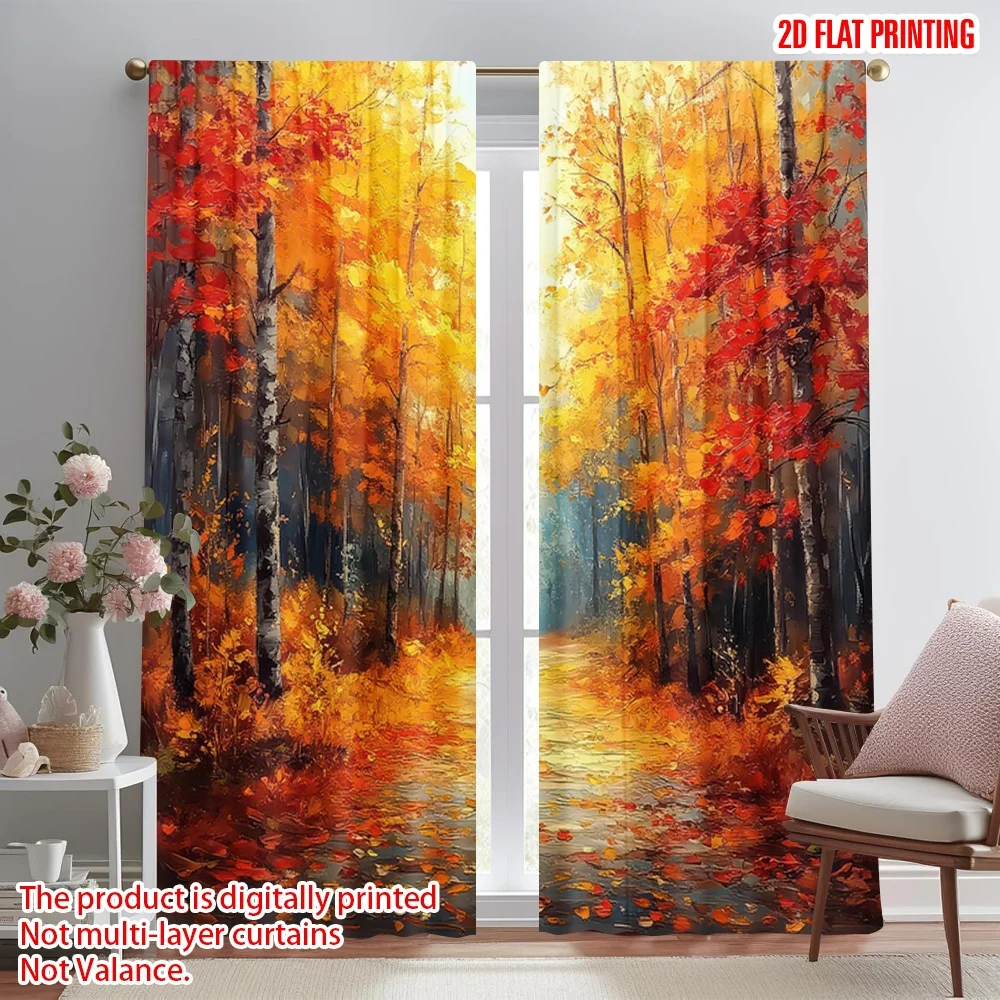 

2D flat printing 2pcs Scene Curtains Autumn Forest Pathway Digital Printed Polyester Drapes Holiday Decorations Use for Holiday