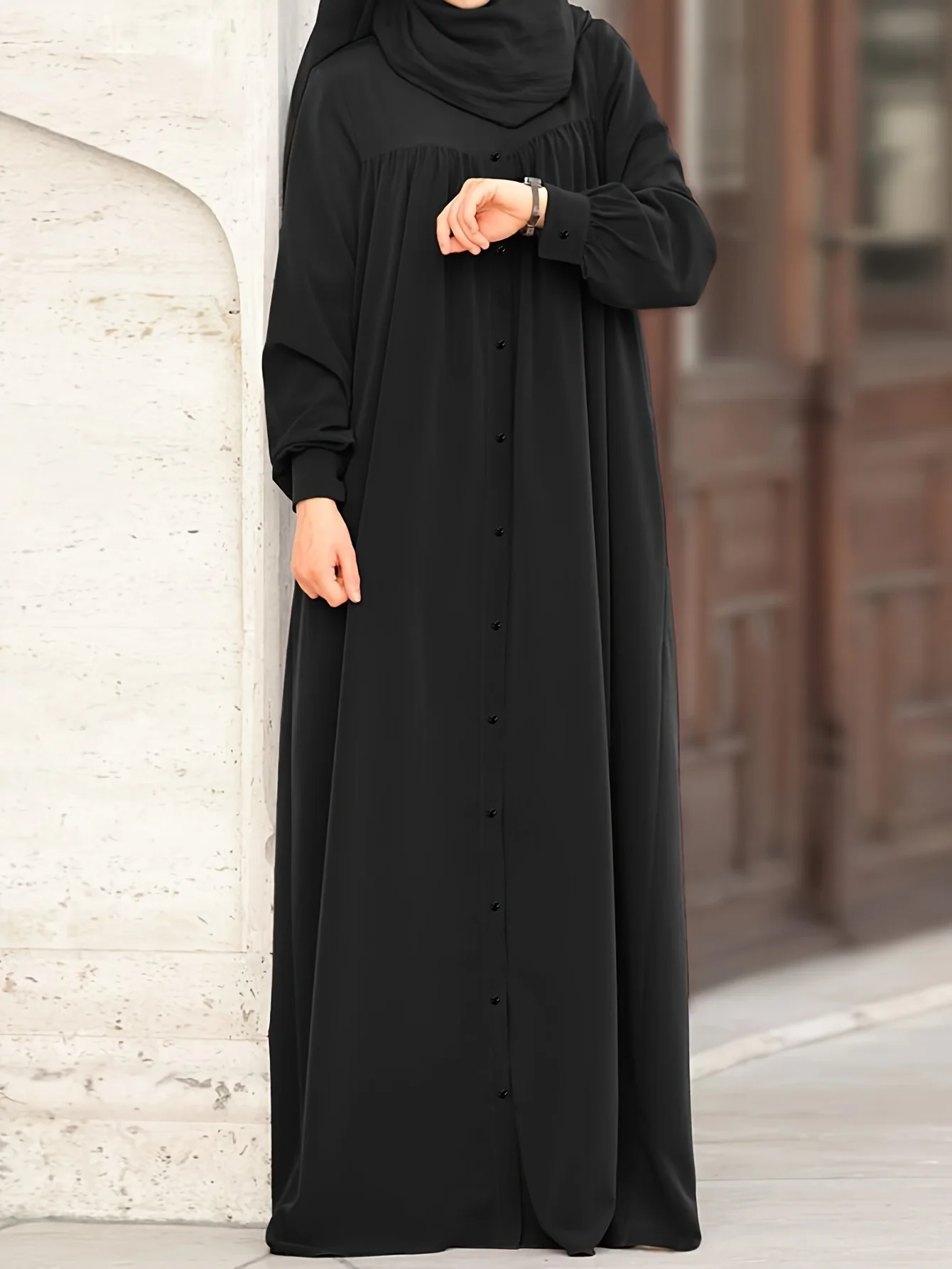 Middle East solid color chest buttons ladies fashion robe dress vica orientation