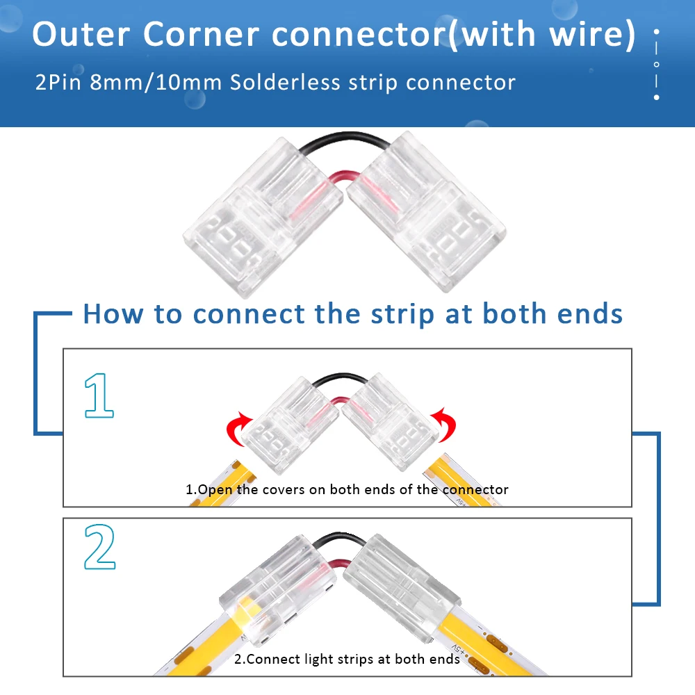 LED Strip Connector 2Pin 8mm 10mm PCB Quick Wire Corner Connector Welding-Free for 2835 5050 SMD COB Flexible LED Strip Lights