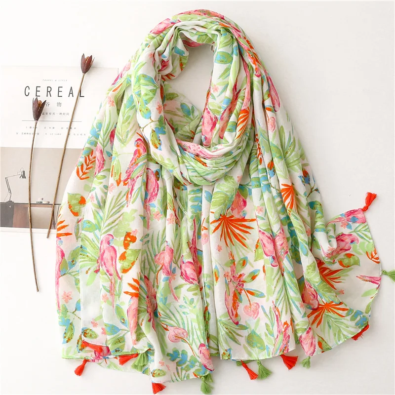 

2023 New Flowers Birds Floral Tassel Viscose Shawl Scarf Lady High Quality Wrap Thin Pashmina Stole Muslim Hijab 180*90Cm