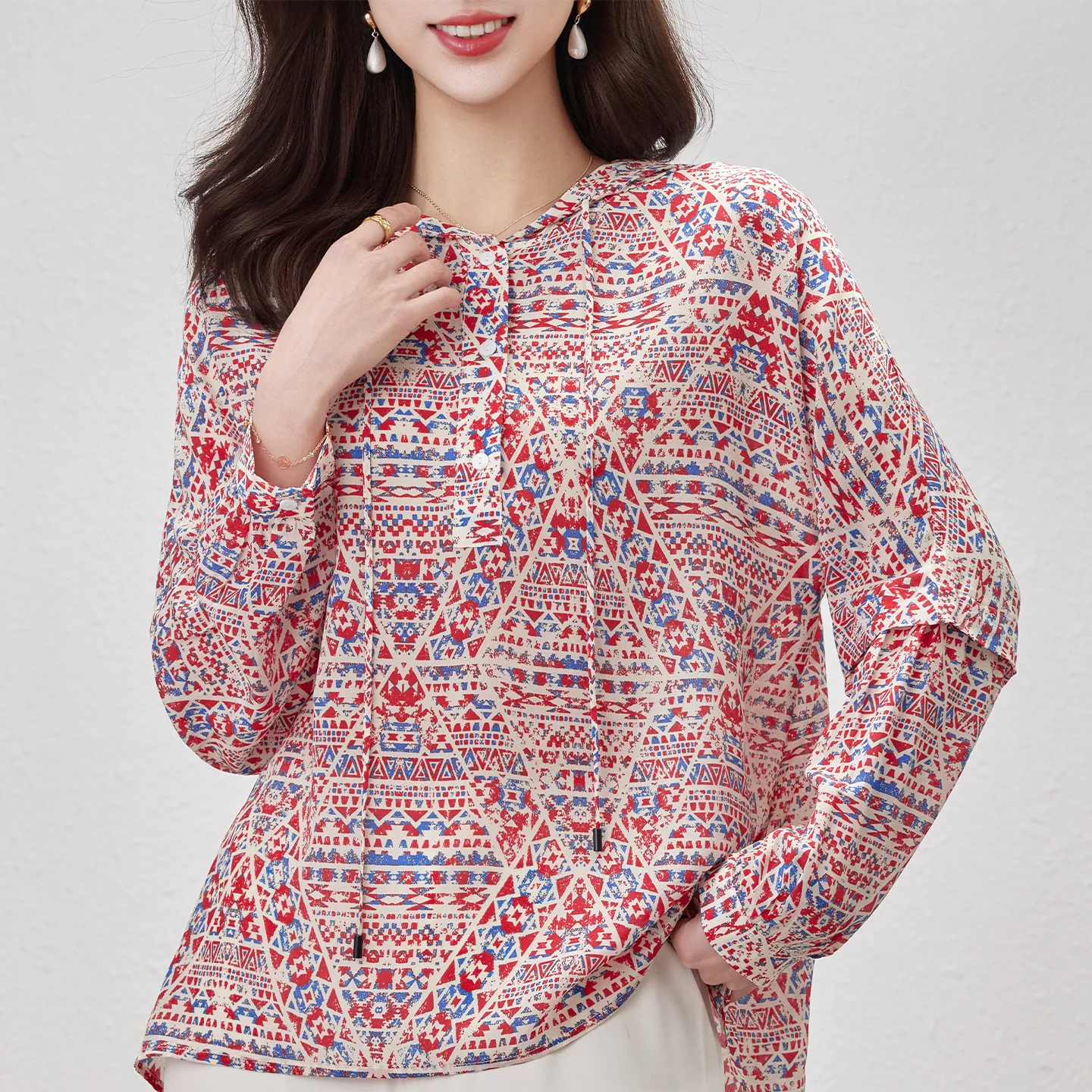 2026 New Women's Crepe Silk Hooded Shirt Summer Long Sleeve Floral Printed Loose 100% Mulberry Silk Blouse
