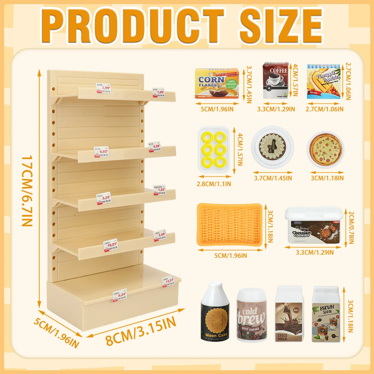 Prateleira de supermercado para crianças, brinquedos de simulação, comida em miniatura, ornamentos, casa de boneca, mini produtos aleatórios, modelo de rack de exibição de lanche