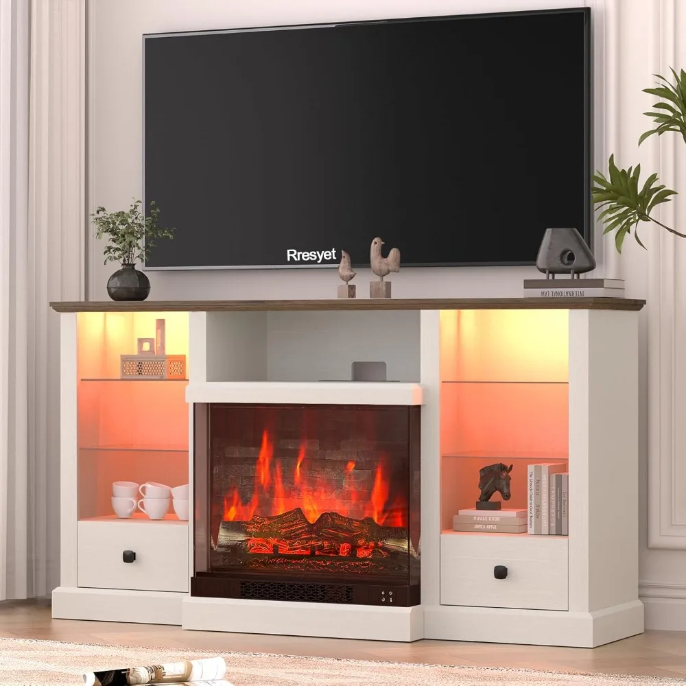 

Fireplace TV Stand for 65 inch TV with LED Lights, tv Stand with 23'' 3-Sided Farmhouse Electric Fireplace & Remote, Power Outle