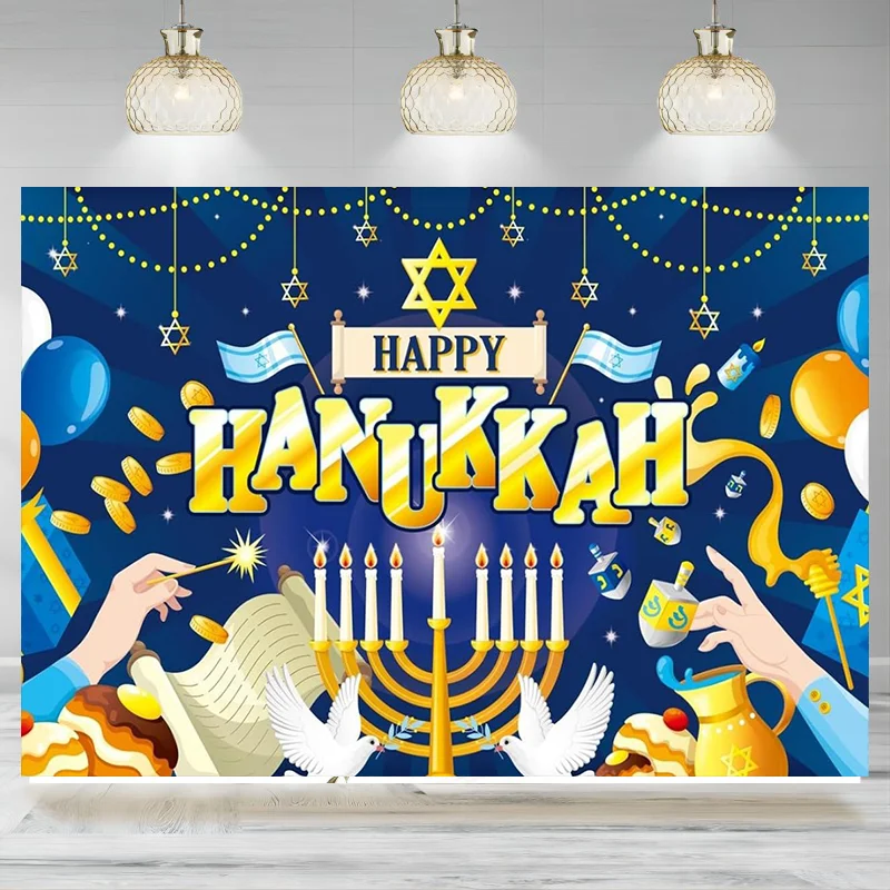 Happy Hanukkah Photography Backdrop Menorah Blue Shiny Lamps Chanukah Background Party Decorations Party Outdoor Yard Banner