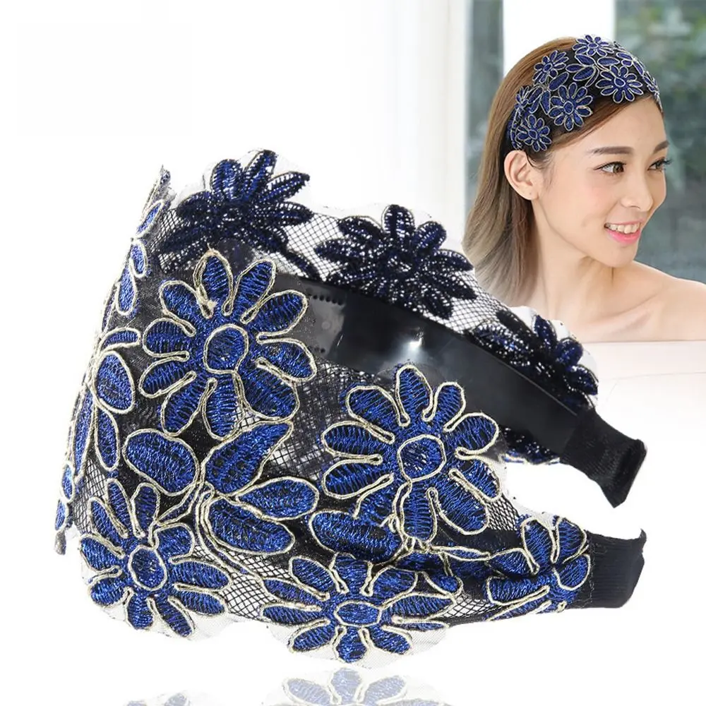 Vintage Embroidery Lace Flower Hair Hoop Wide Side Hairbands Women Mesh Adjustable Non Slip Elegant Headwear