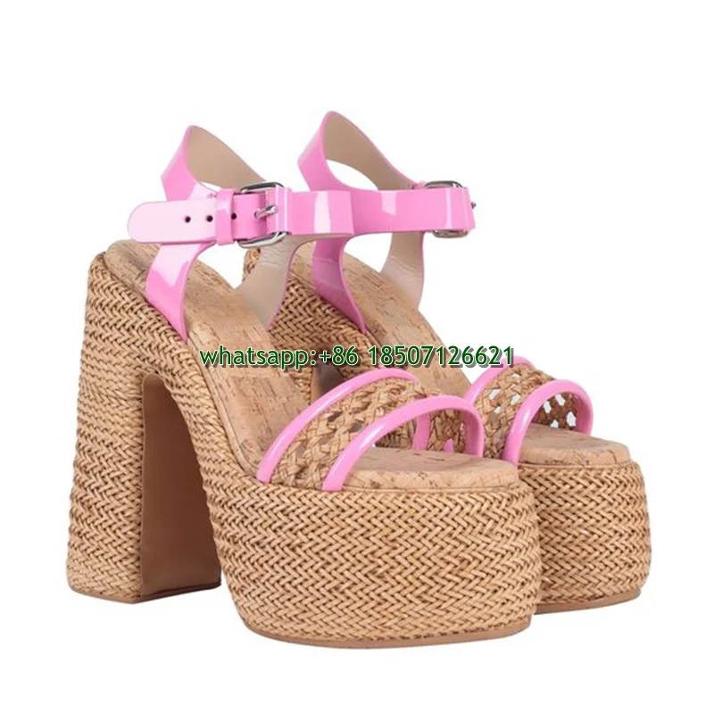 Braided Espadrille Thick Heel Platform Open Toe Sandals Ankle Buckle Round Toe High Heels For Women