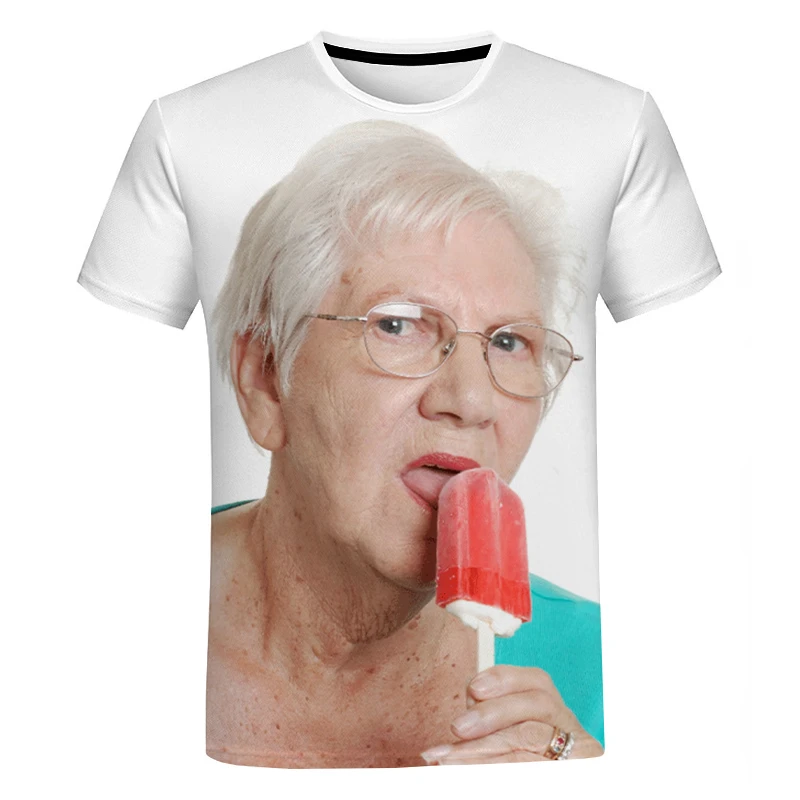 3d Printing Summer Creative Large-sized Grandma Eating Ice Cream T-shirt, Street Round Neck Men\'s Short Sleeved T-shirt