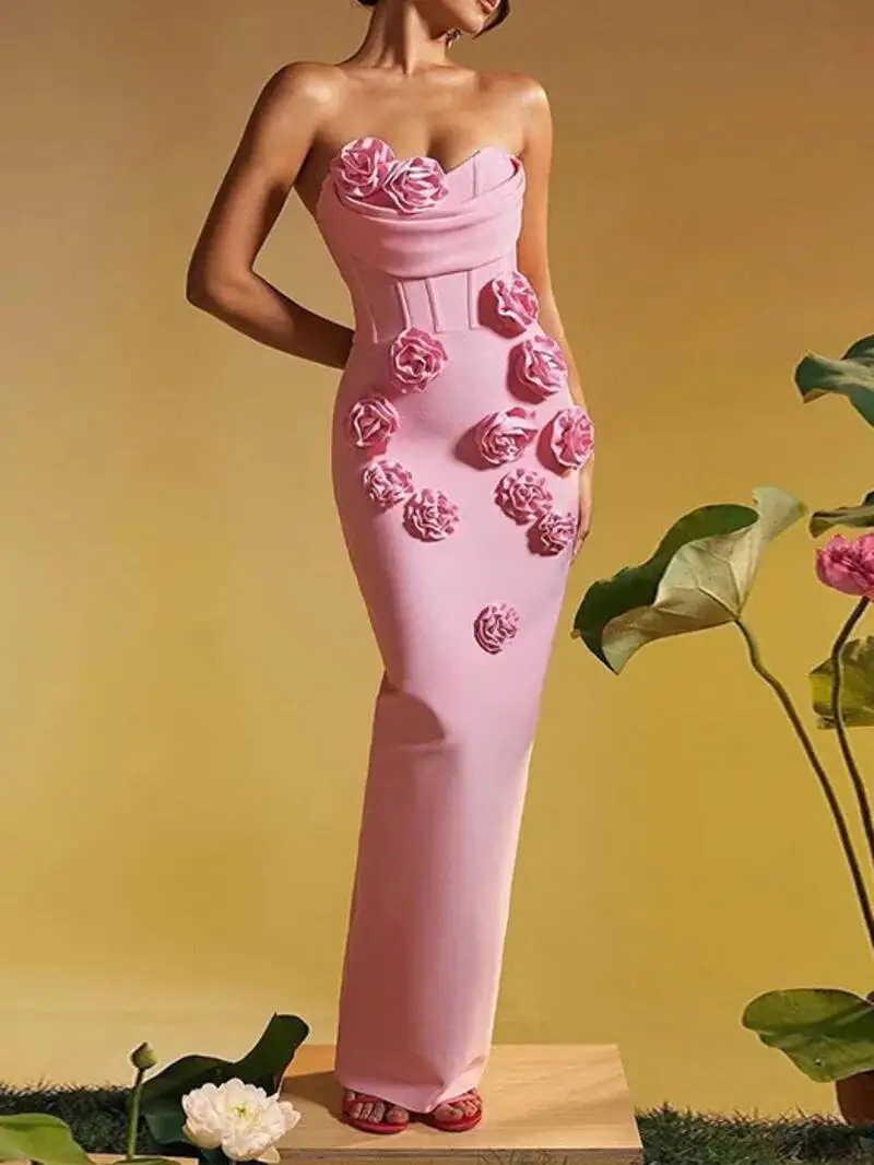 

Women Celebrity Sexy Strapless Backless Flower Maxi Long Bodycon Bandage Dress Elegant Birthday Evening Club Party Dresses