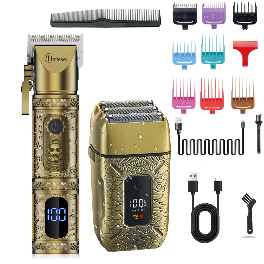 HATTEKER 2PC Professional Cordless Hair Clipper for Men Metal Barber Kit with Trimmer - Hair Cutting Set for Precision Cutting