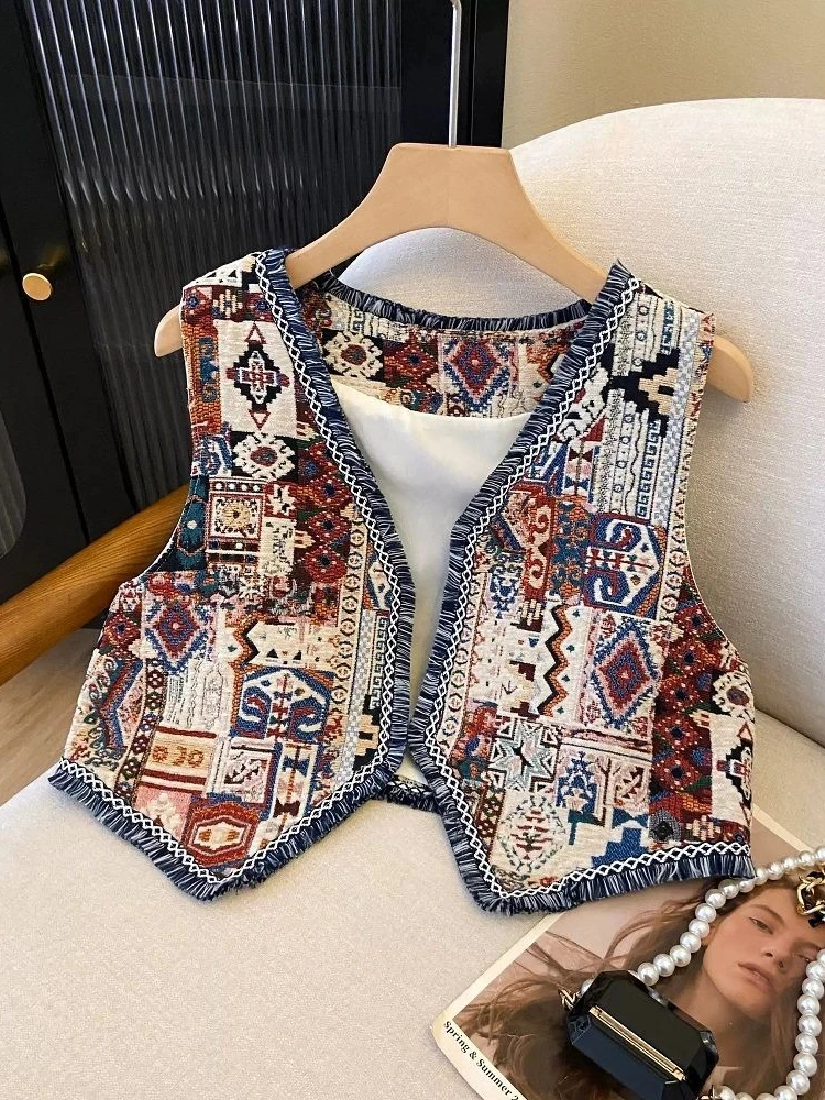Gilet Jacquard géométrique bohème pour femmes, avec bordure à franges, flair marocain, haut court sans manches de voyage pour la prairie, pour le style ethnique