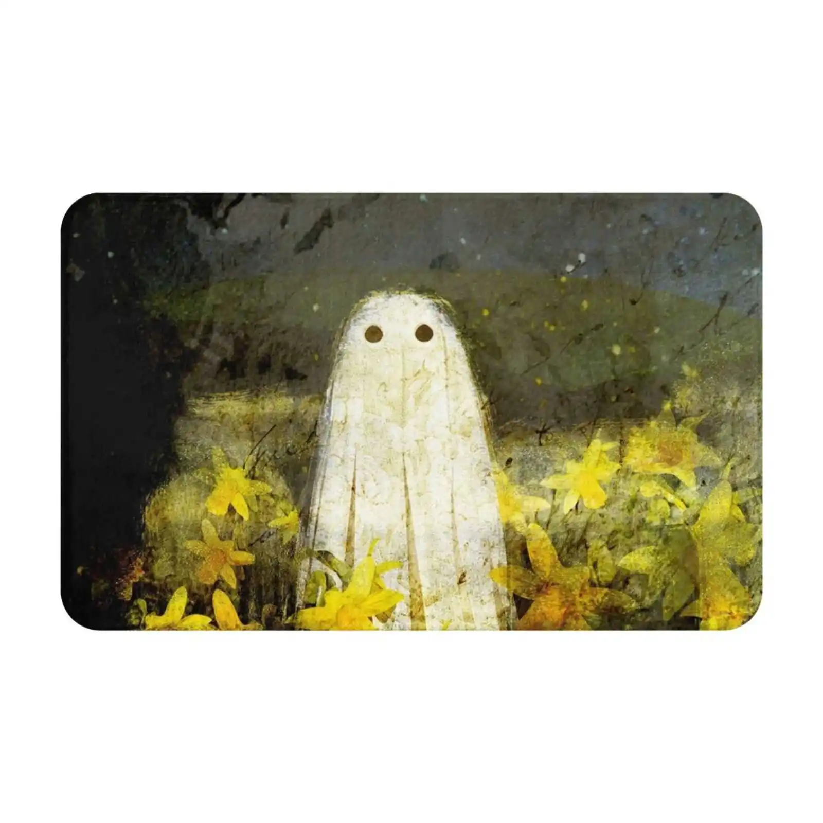 Creepy Painting Soft Cushion Car Home Carpet Door Mat Ghost Haunt Creepy Cute Halloween Daffodils Flowers Yellow Night Sky