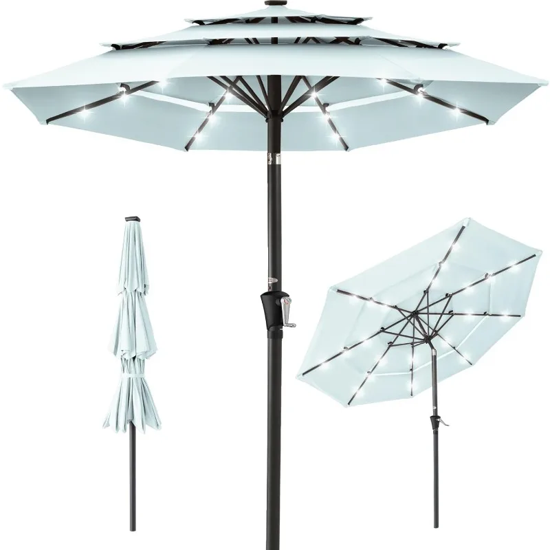 10ft 3-Tier Solar Patio Umbrella, Outdoor Market Sun Shade for Backyard, Deck, Poolside w/ 24 LED Lights, Tilt Adjustment