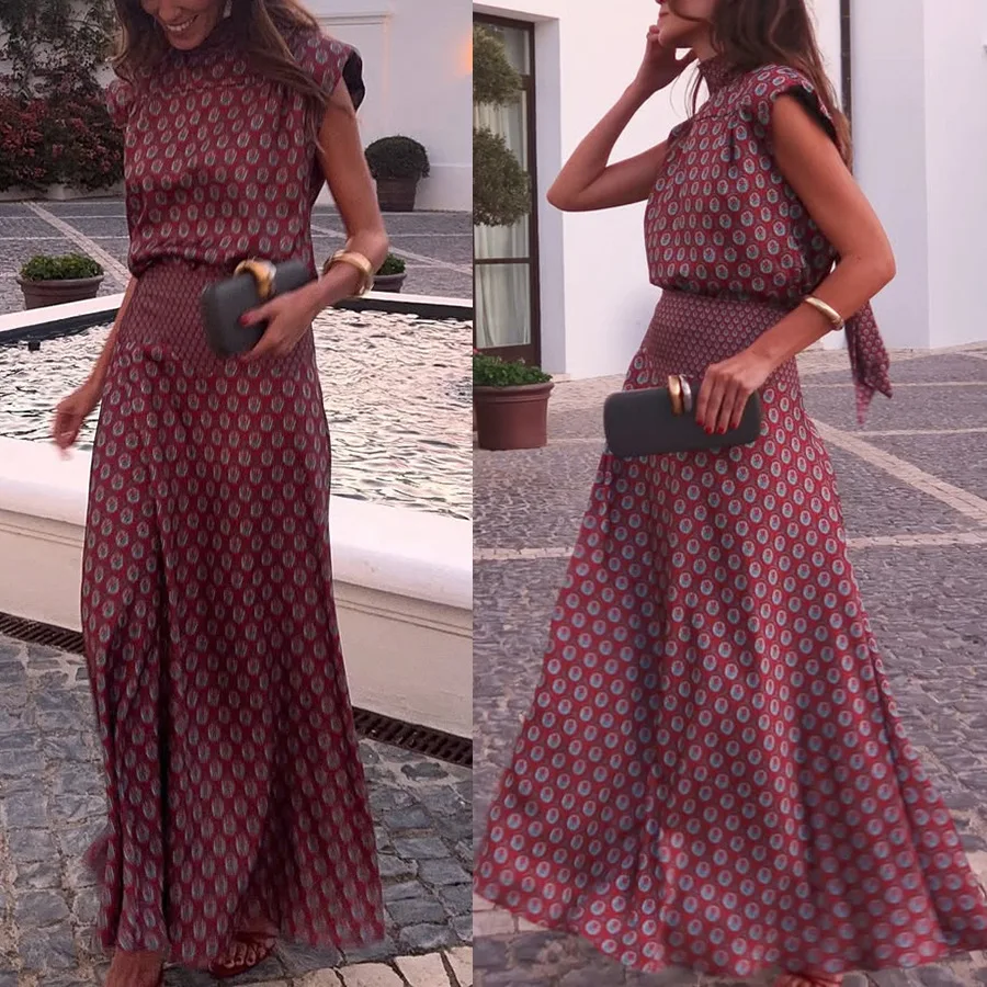 2026 Spring And Summer New Satin Printing Sleeveless Suit Loose Vacation Skirt Two-Piece Set