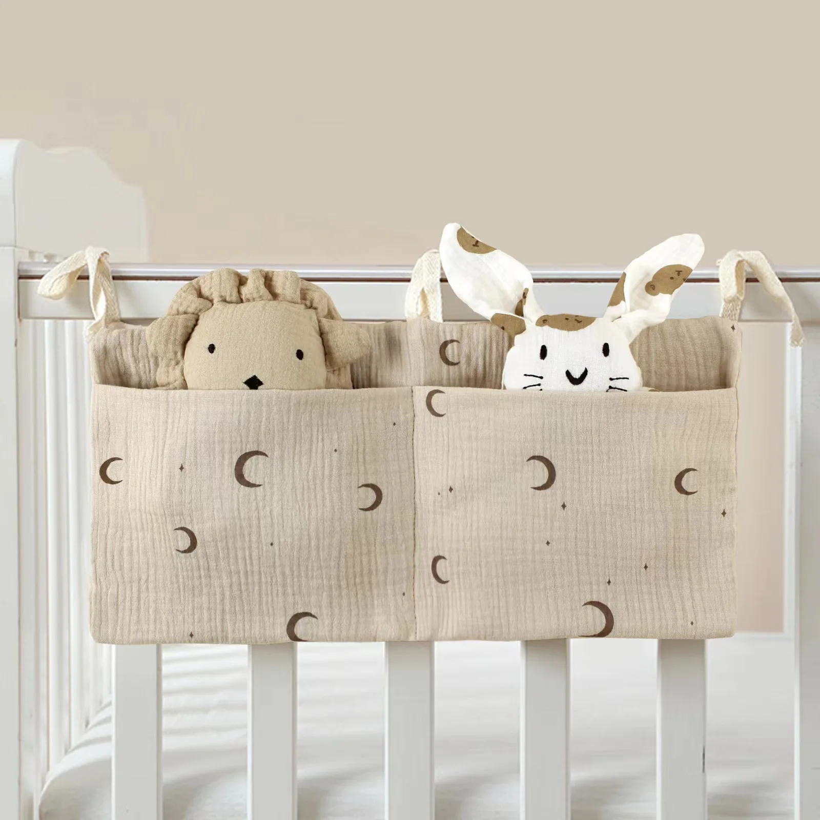 Pure cotton baby bedside double pocket children\'s bottle bedside hanging bag baby diaper storage stroller hanging bag