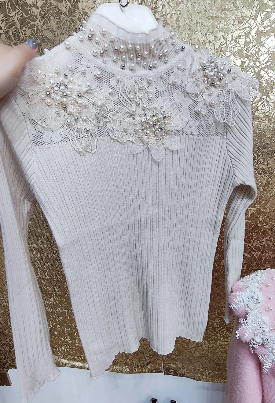 Heavy Industry Lace Sequined Beaded Stitch Knitted Bottoming Sweater For Women Fairy Flower Underlay Knitwear Pullover Tops