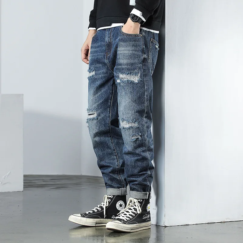 Autumn and winter ripped jeans men's large size scratched wide-leg pants new patch beggar pants trend casual pants