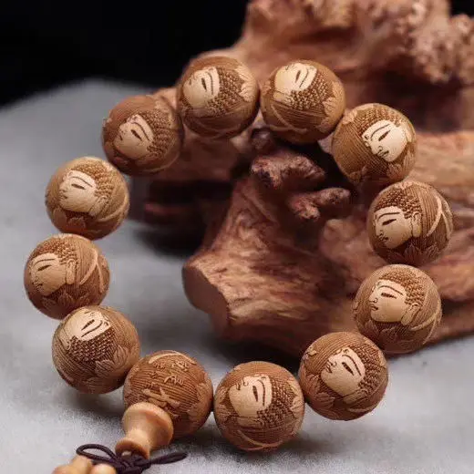 Thuja Carved Tathagata Buddha Beads Bracelet Men's and Women's Natural Wooden Round Beads 20mm*12Pcs Sandalwood Hand String