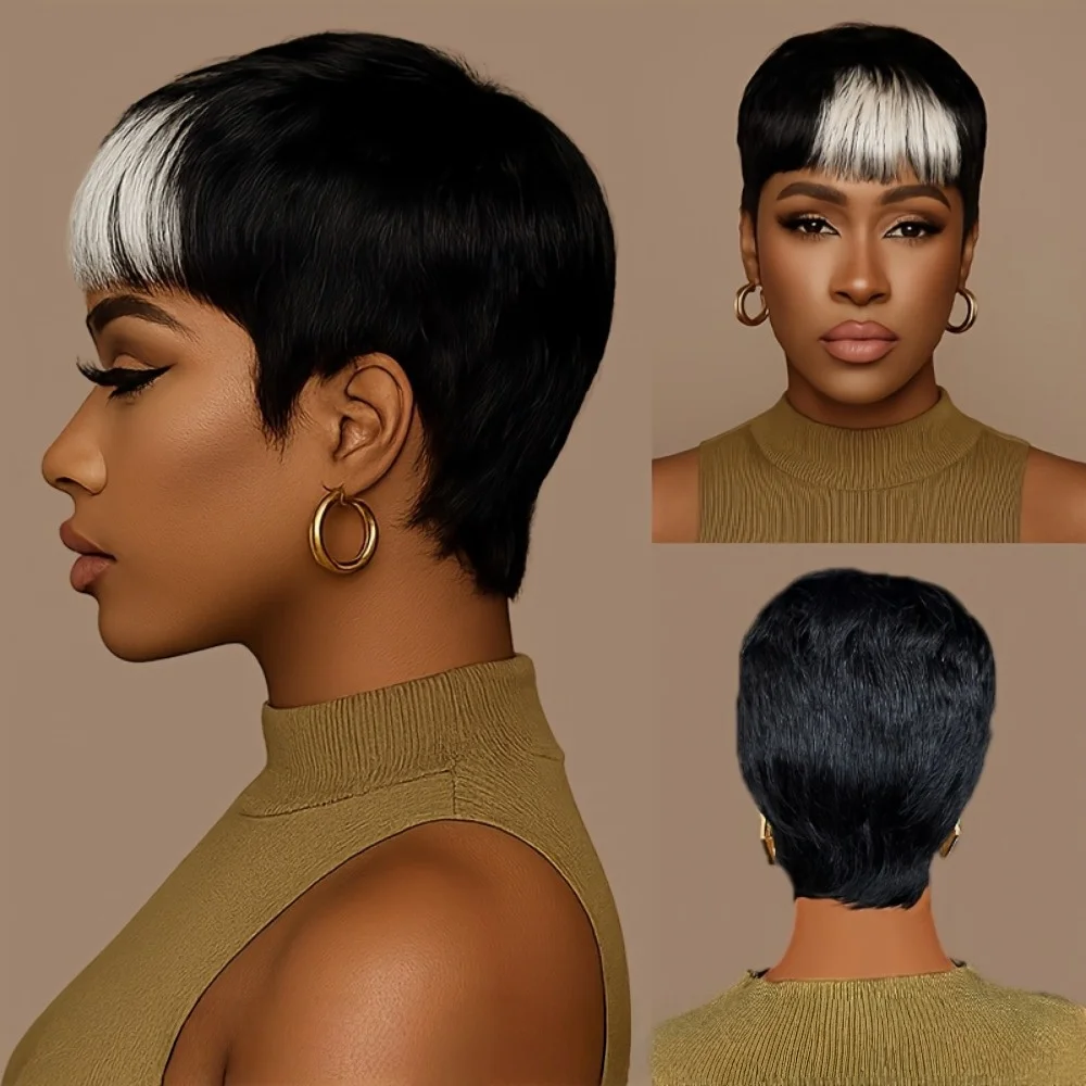 شعر مستعار قصير بقص عابث، شعر بشري مستقيم الطبقات، 1B/60 لون مختلط، مصنوع آليًا بالكامل، سهل الارتداء