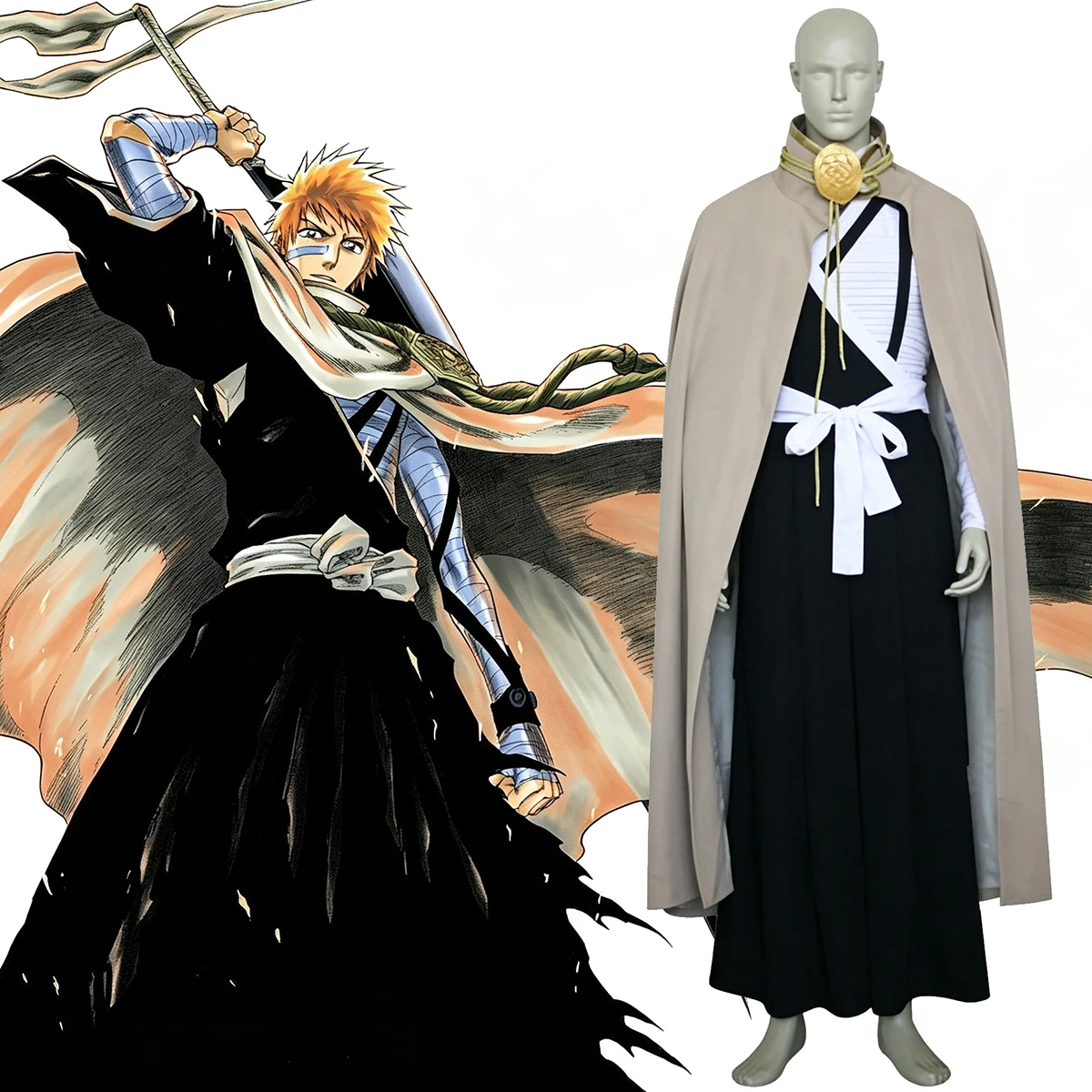 Disfraz de Ichigo Kurosaki para cosplay, inspirado en el manga y el anime, el arco de la Sociedad de Almas, el atuendo de Ichigo en la Colina de la Ejecución, kimono, fiesta temática de Halloween.