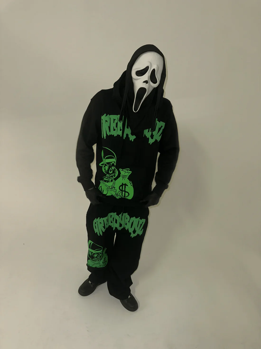 Conjunto de Sudadera con capucha para hombre con estampado de calavera y dinero estilo Hip Hop callejero, sudadera con capucha versátil de gran tamaño con estampado atrevido negro, ropa de calle a la moda