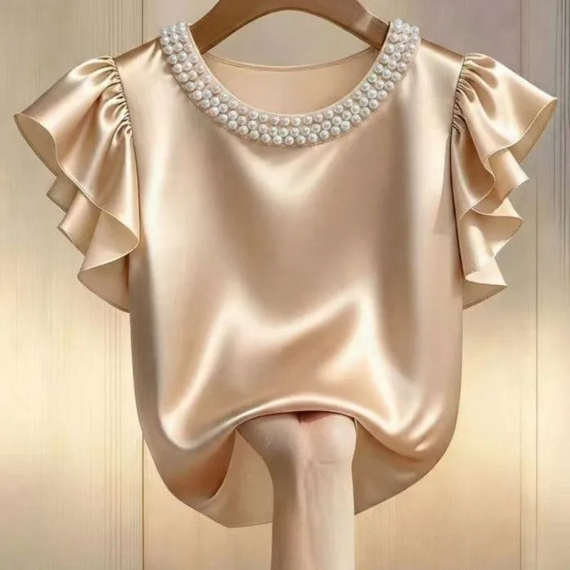 

2026 New Satin Women's Shirt Summer Ruffled Pearl Collar Top