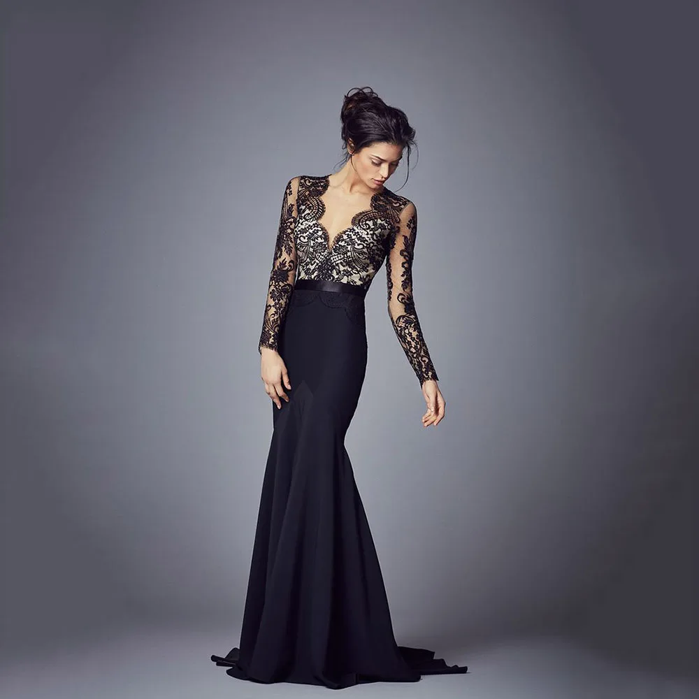 

Dresses for Mother of the Bride Black Lace V-Neck Floor Length Trumpet Full Sleeves Slim Fit Women Banquet Evening Party Gowns