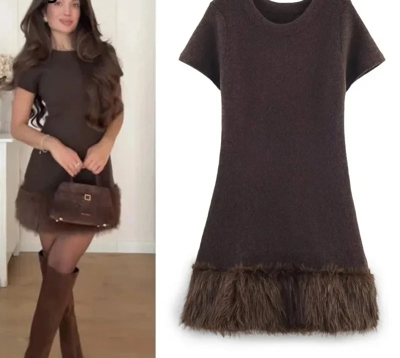 

Women's new collection: Fashionable Maillard color faux fur patchwork hem round-neck short-sleeved knitted dress