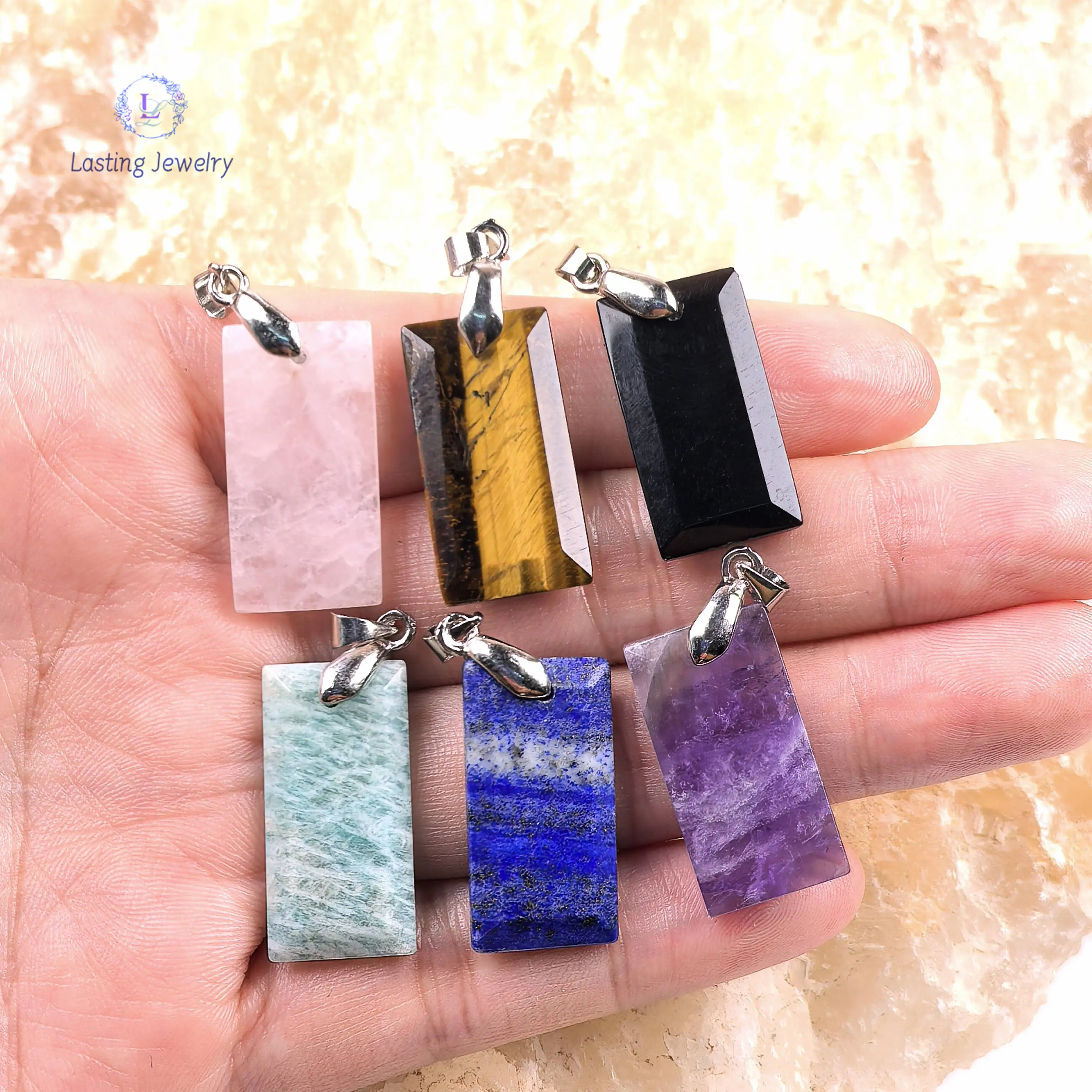 

Healing Crystal Faceted Rectangle Pendants Amazonite Rose Quartz Lapis Amethyst Gemstone Charms Pendulum Necklace Jewelry
