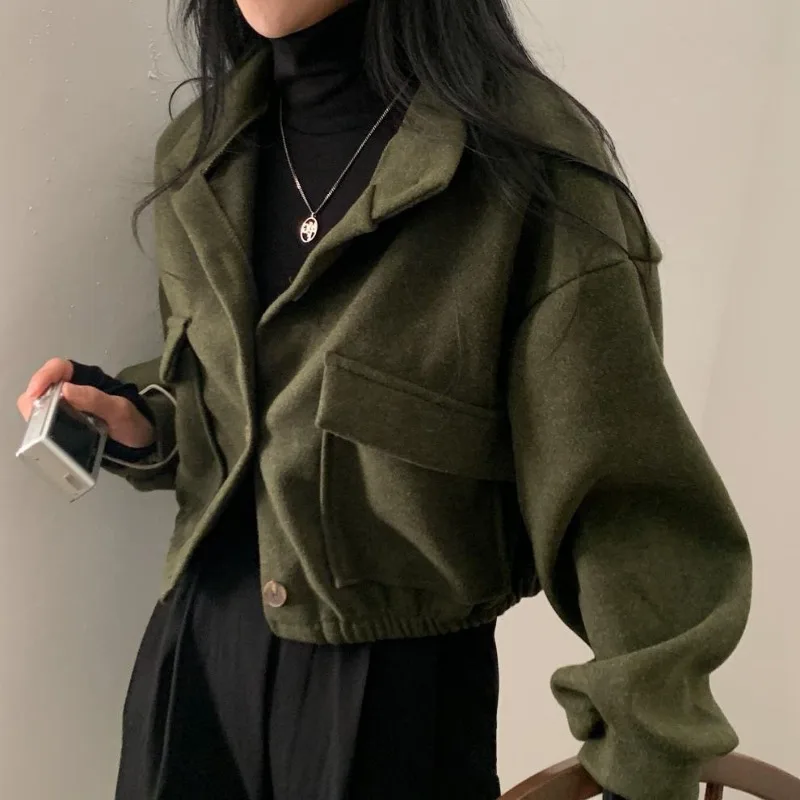 

Осенне-зимнее свободное шерстяное пальто большого размера с карманами и небольшим воротником-стойкой, топ с длинными рукавами и пуговицами, шерстяная женская одежда