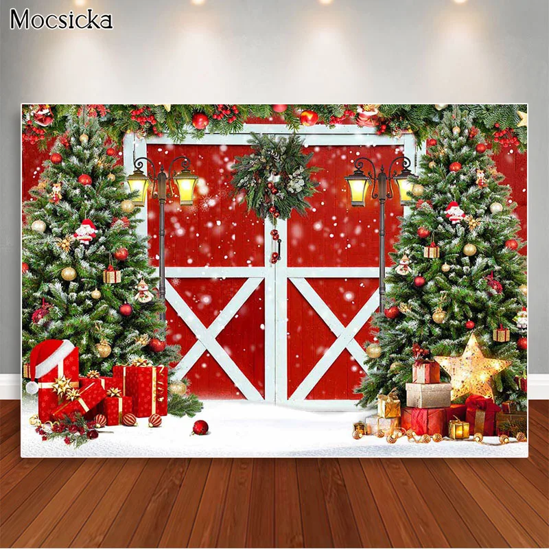 Fondo de fotografía de puerta roja de Navidad, telón de fondo Vintage rústico, árboles de Navidad, retrato familiar, accesorios para fotomatón