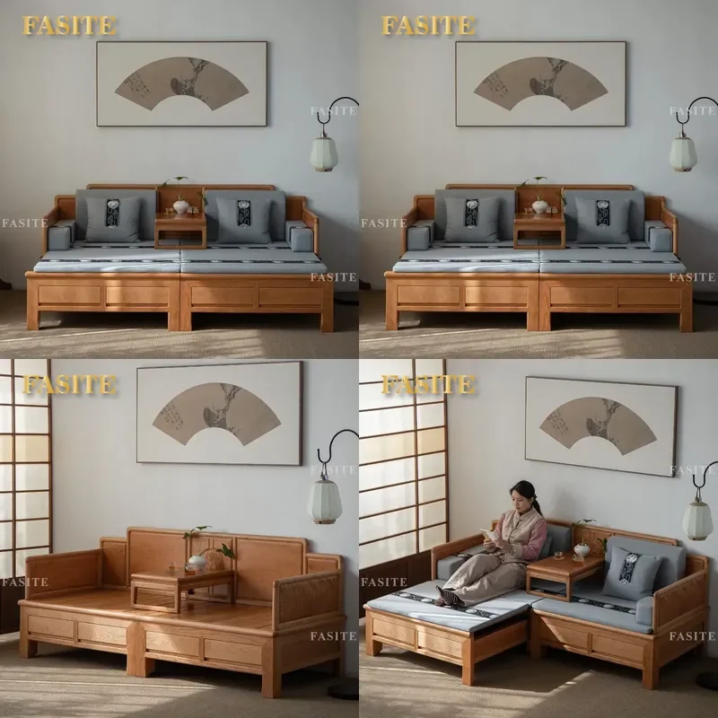For Small Apartment Living Room New Chinese Style All Solid Wood Red Cherry Telescopic Arhat Bed Dual Purpose Sofa Bed with